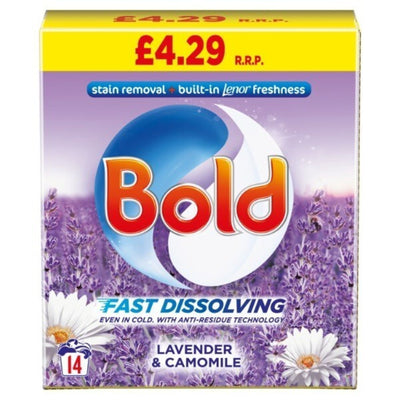 Bold Lavender & Camomile Washing Powder, 700g (14 washes), price marked £4.29. This biological detergent delivers powerful stain removal and lasting Lenor freshness with every wash.