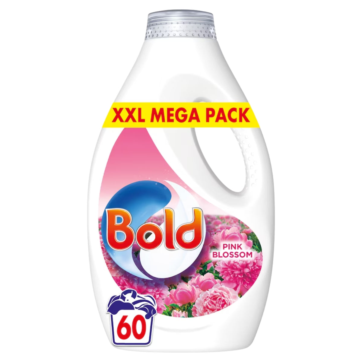 A 1980ml bottle of Bold - Pink Blossom Washing Liquid Stain Removal, XXL Mega Pack, delivers up to 60 washes. Featuring a pink floral design and formulated with powerful anionic surfactants and optical brighteners, this detergent by Bold ensures your laundry is brilliantly clean and refreshed every time.