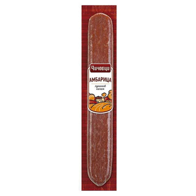 A stick of Boni Salami Ambaritza on a red background.