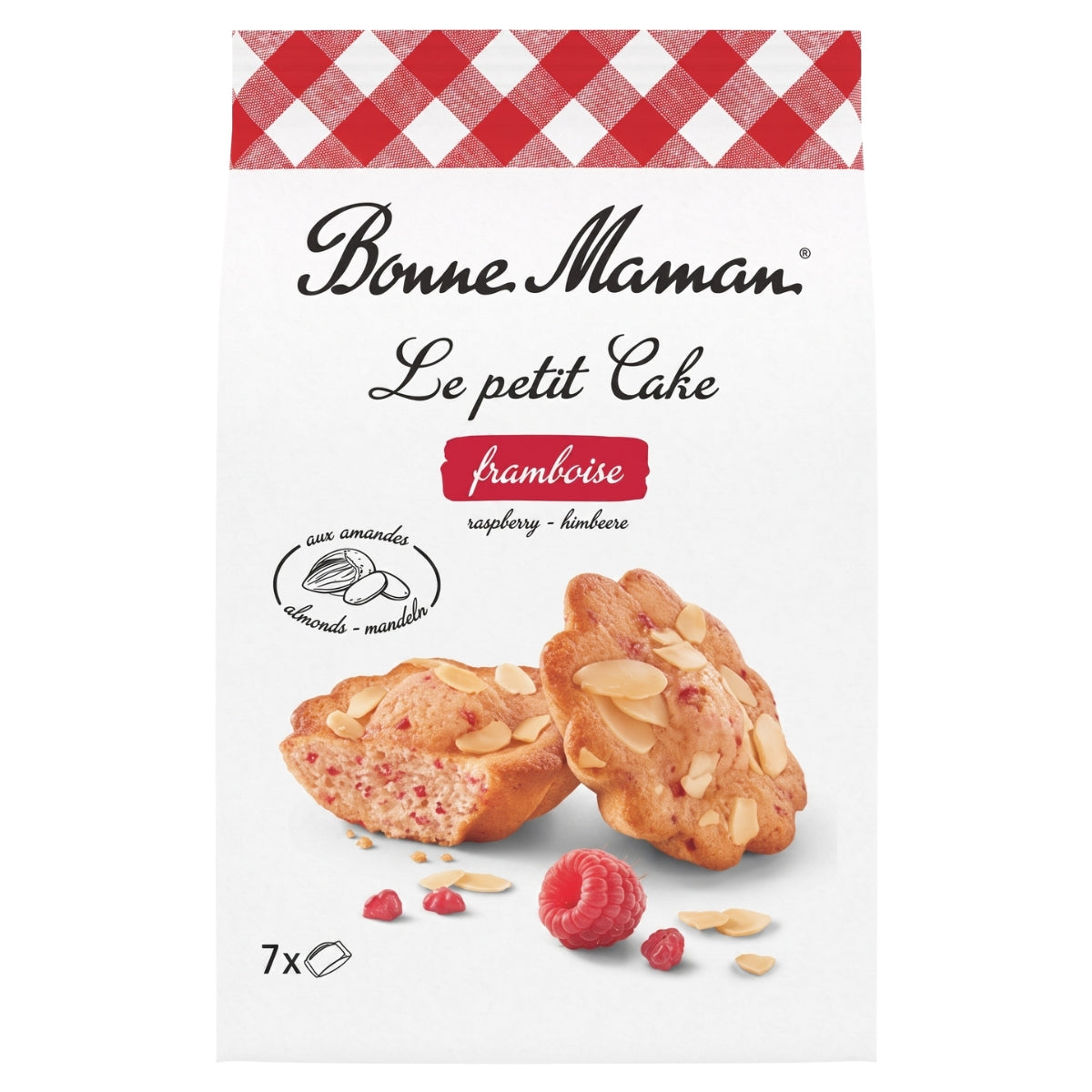 A package of Bonne Maman Le petit Cake framboise raspberry almond cookies, featuring a white bag with a red gingham pattern at the top, black brand lettering, and an illustration of two raspberry-almond cookies with raspberries.