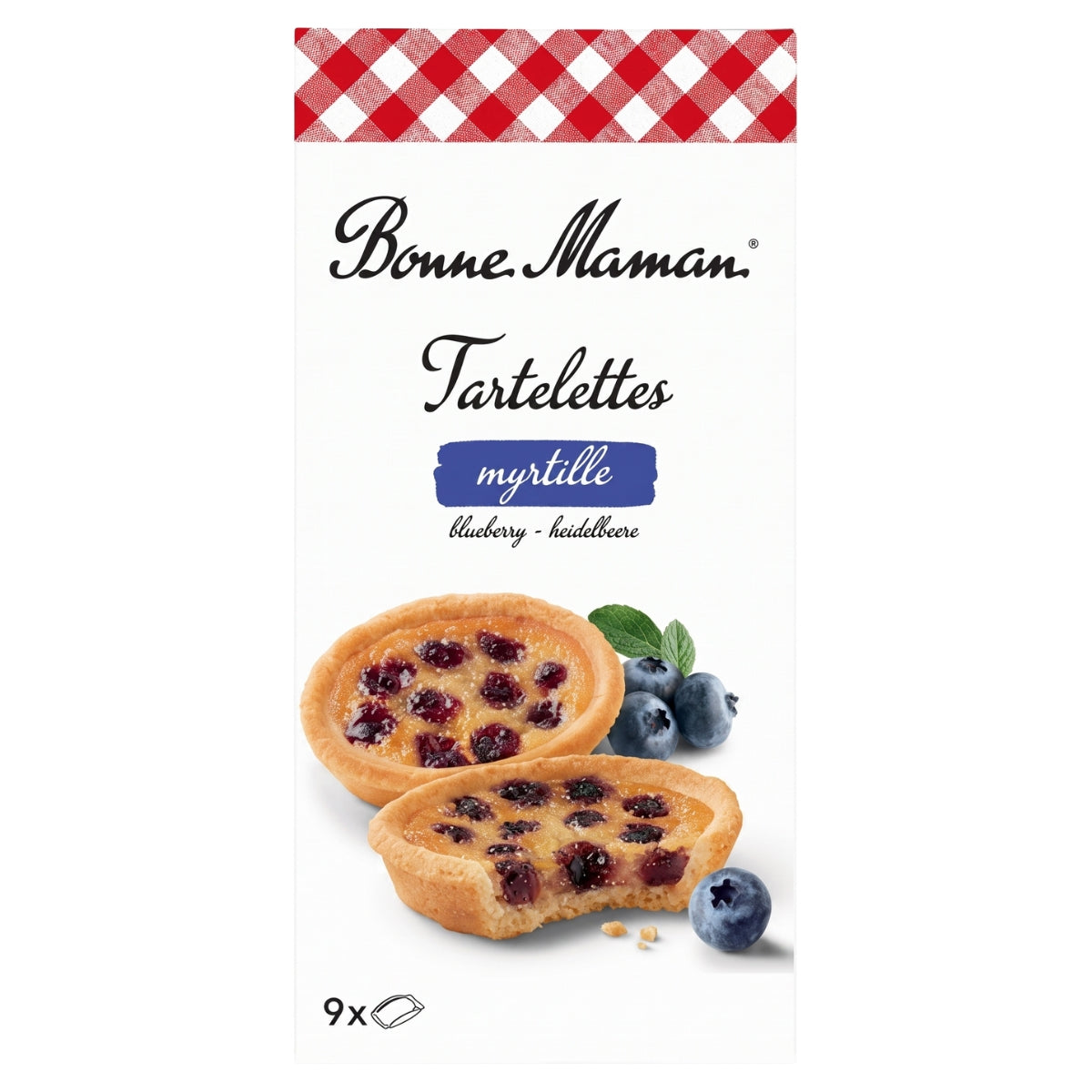 Box of Bonne Maman - Blueberry Tartlet - 135g, featuring an image of two blueberry tartlets made with buttery pastry, soft wheat flour, and rich blueberry purée. The packaging displays blueberries and a signature red checkered pattern at the top, and text indicating there are 9 tartlets inside.