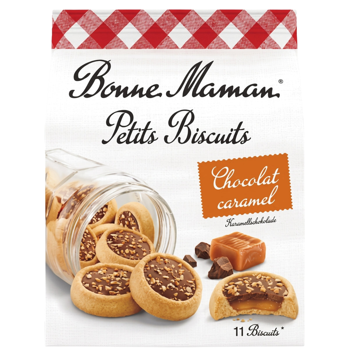 A package of Bonne Maman - Chocolate Caramel Petits Biscuits (150g) is displayed, showcasing French chocolate cookies filled with rich chocolate and caramel, some scattered around and one enticingly partially eaten.