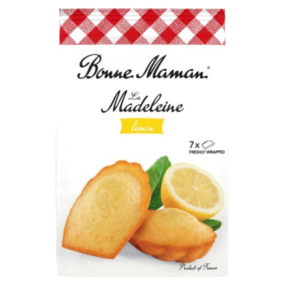 Bonne Maman lemon madeleine 175g packaging with a red and white checkered border.