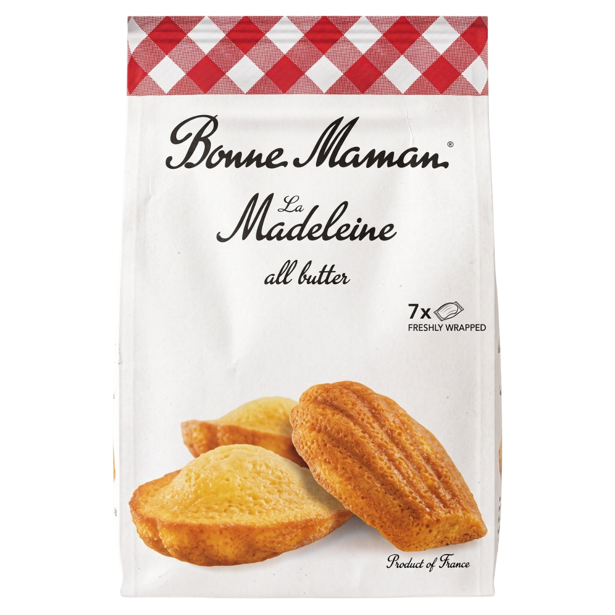 A bag of Bonne Maman Le Madeleine all butter, featuring a white package with a red gingham pattern at the top, black script branding, and an image of three golden-brown madeleines on a white background.