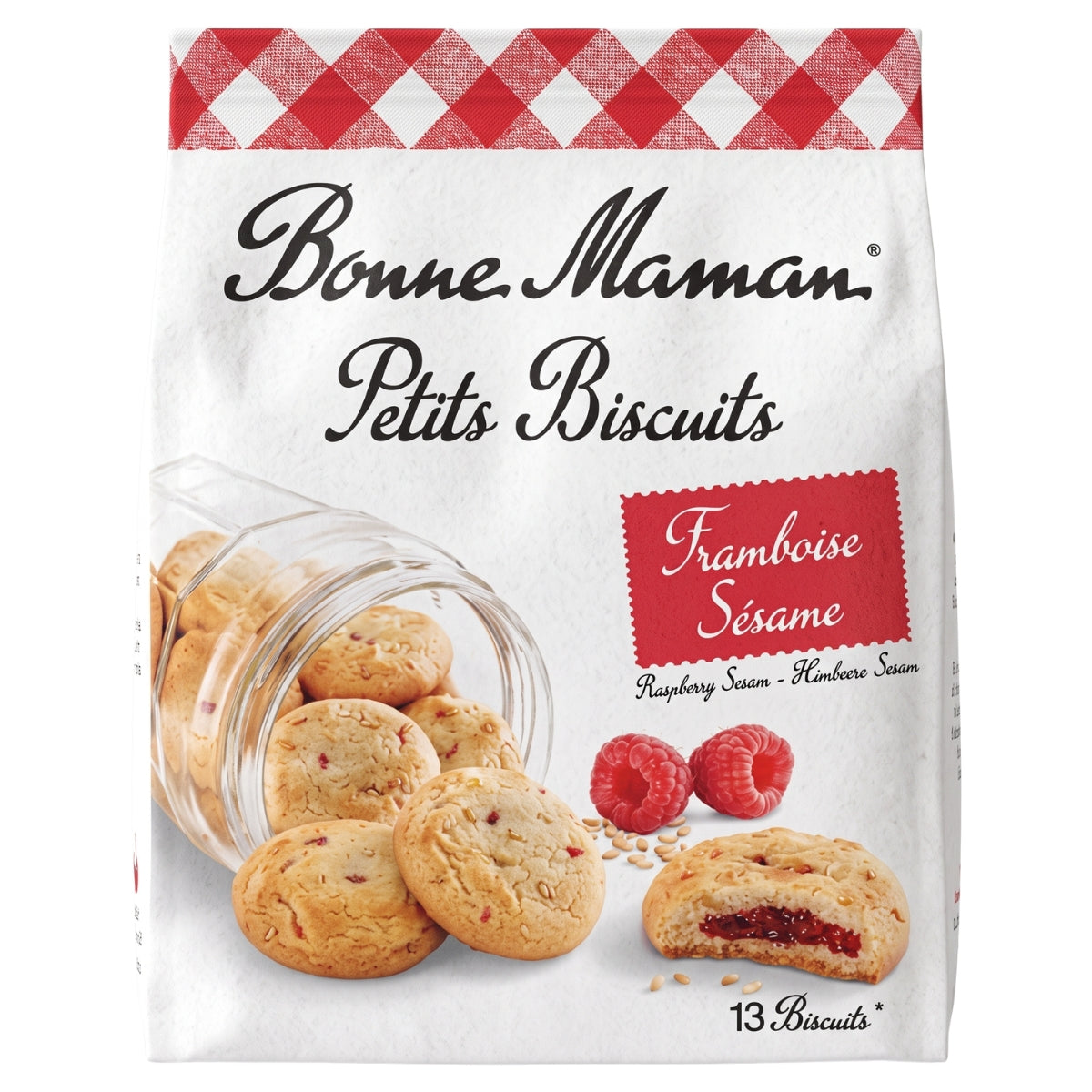 A 150g bag of Bonne Maman Raspberry Biscuit, featuring an image of raspberry cookies, fresh raspberries, and a jar on the packaging. The biscuits are made with soft wheat flour and natural flavourings. The bag contains 13 biscuits.