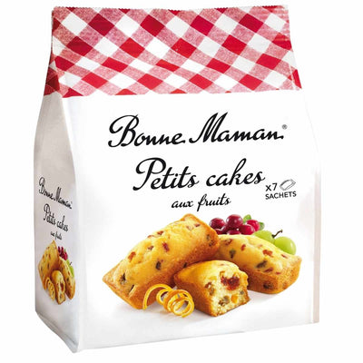 A 210g package of Bonne Maman Small Fruit Cakes, featuring images of French fruit cakes and slices on the front, topped with the brand's signature red and white checkered design.