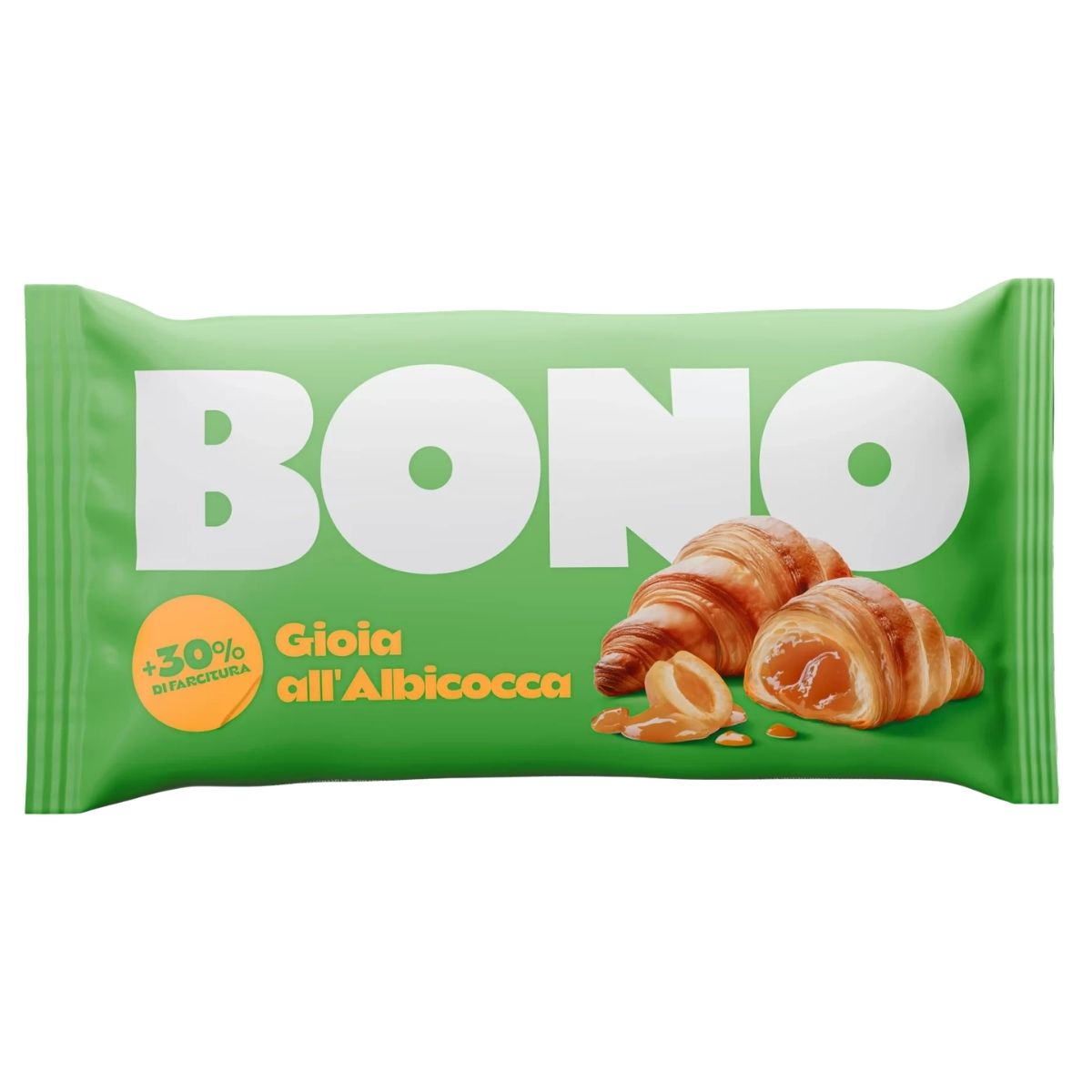 A green Bono package showcases two croissants with apricot jam filling, "Gioia all'Albicocca," "+30% di farcitura," and wheat flour for delicious authenticity. Product: Bono - Croissant With Apricot Jam Filling - 80g.
