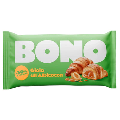 A green Bono package showcases two croissants with apricot jam filling, "Gioia all'Albicocca," "+30% di farcitura," and wheat flour for delicious authenticity. Product: Bono - Croissant With Apricot Jam Filling - 80g.