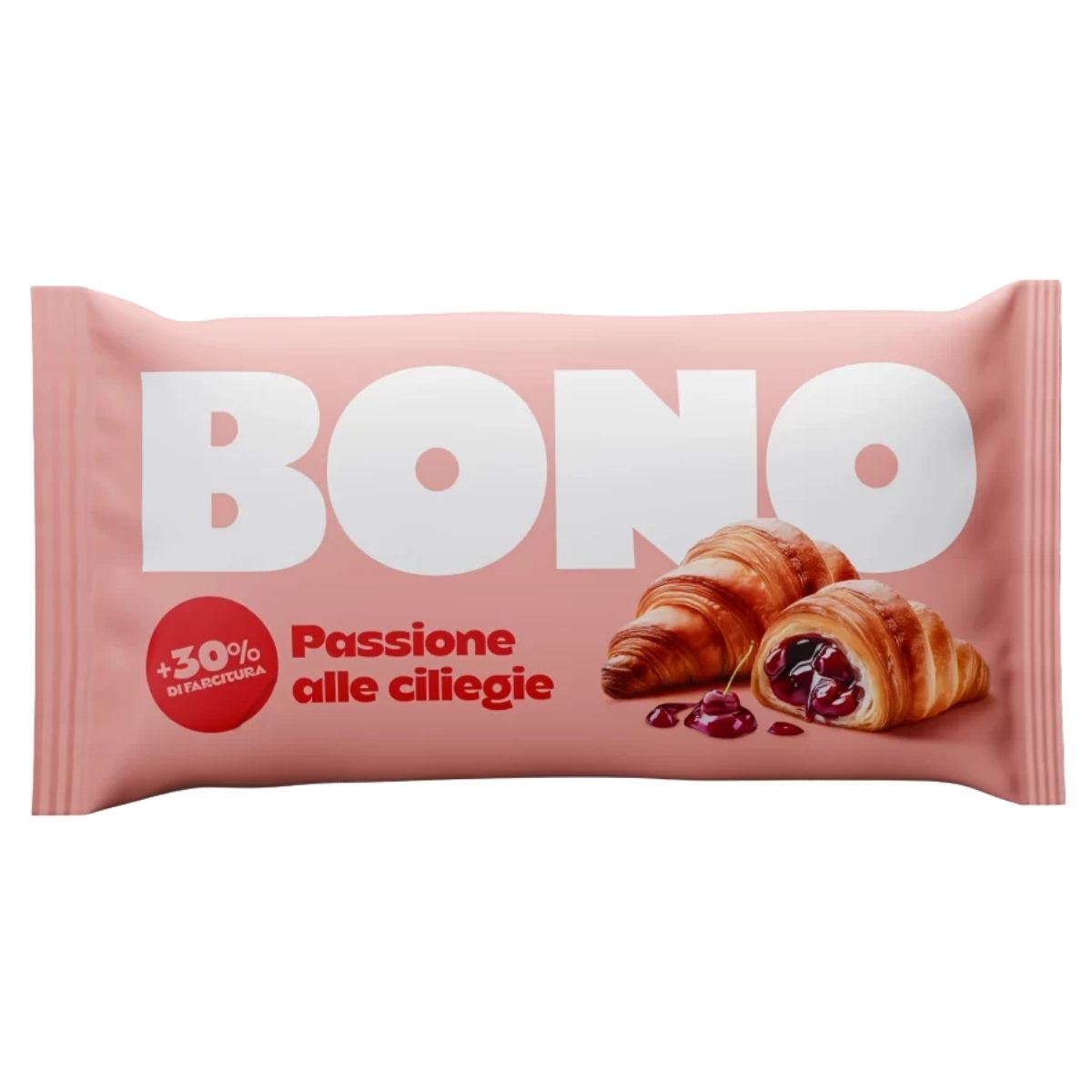 A pink Bono package displays two 80g Croissant With Cherry Jam Filling, featuring a label in Italian highlighting 30% more cherry, making this Bono snack a tasty and convenient treat anytime.
