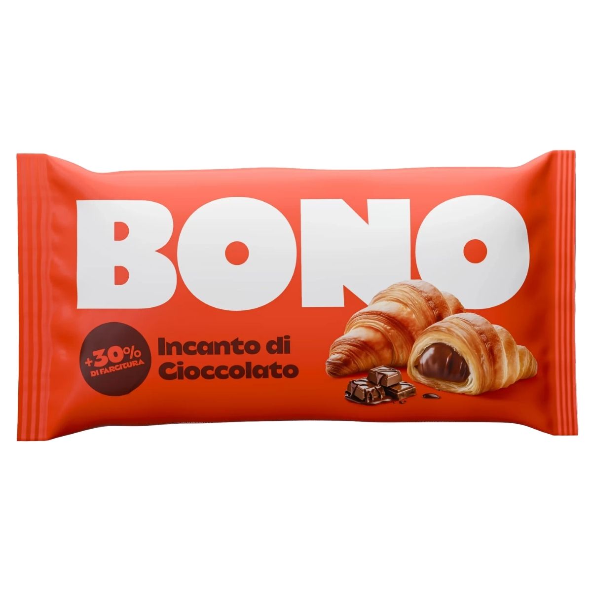 A red Bono package shows chocolate-filled croissants and chocolate pieces; Italian text highlights extra chocolate filling, wheat flour, and skimmed milk powder. Product: Bono - Croissant With Chocolate Filling - 80g.