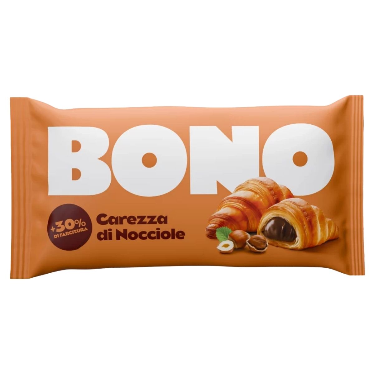Bono Croissant With Hazelnut Cream Filling 80g in an orange package features croissant and hazelnut images, "+30% di farcitura", and is made with wheat flour and vegetable oils for a delicious treat.