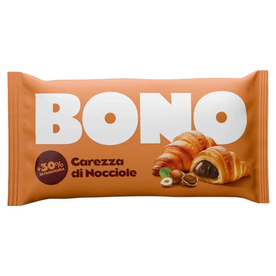 Bono Croissant With Hazelnut Cream Filling 80g in an orange package features croissant and hazelnut images, "+30% di farcitura", and is made with wheat flour and vegetable oils for a delicious treat.
