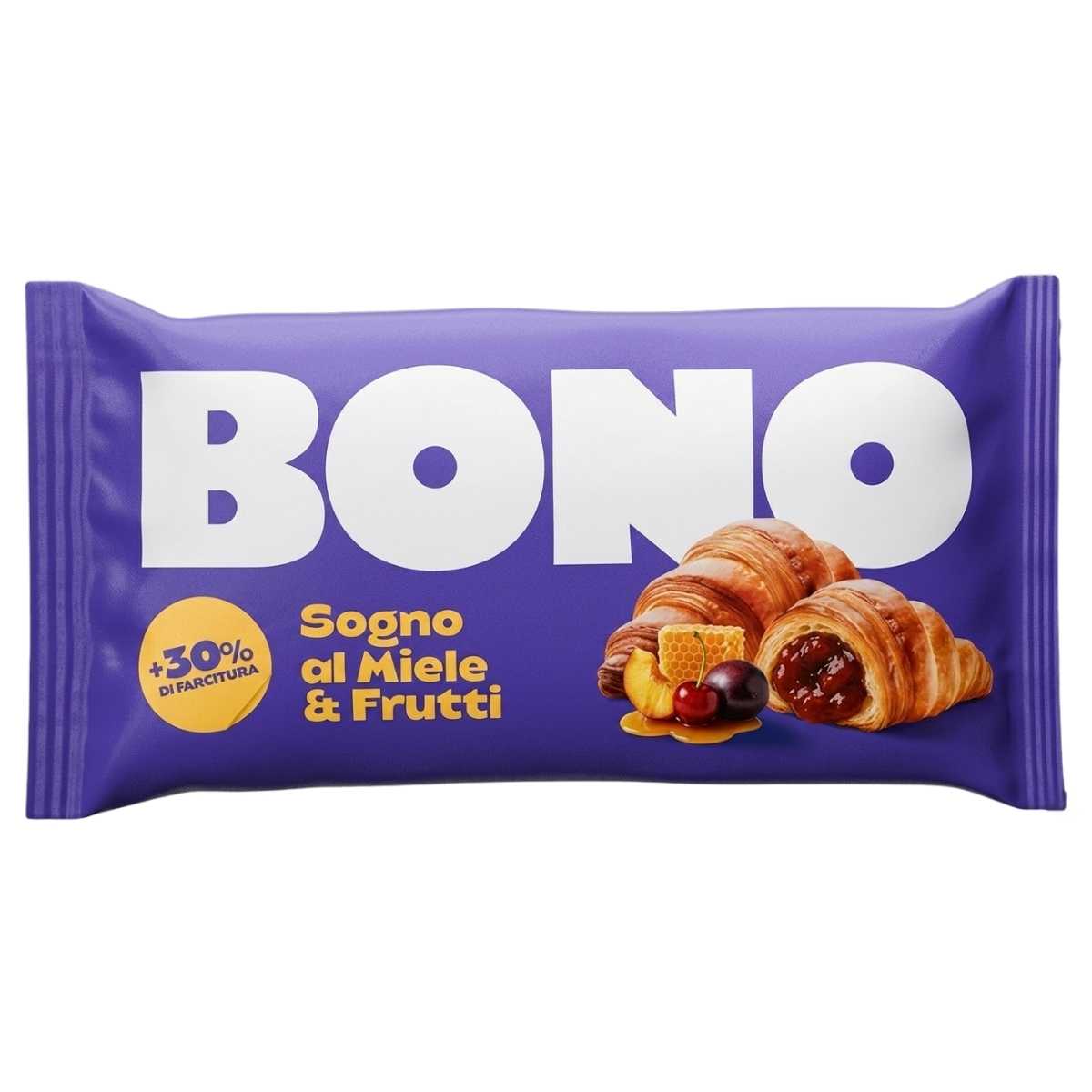 A purple "Bono" package shows croissants, honeycomb, and berries. Bono - Croissant With Honey & Fruit Jam Filling (80g) highlights wheat flour and skimmed milk powder among its key ingredients. "+30% di farcitura Sogno al Miele & Frutti" is featured.
