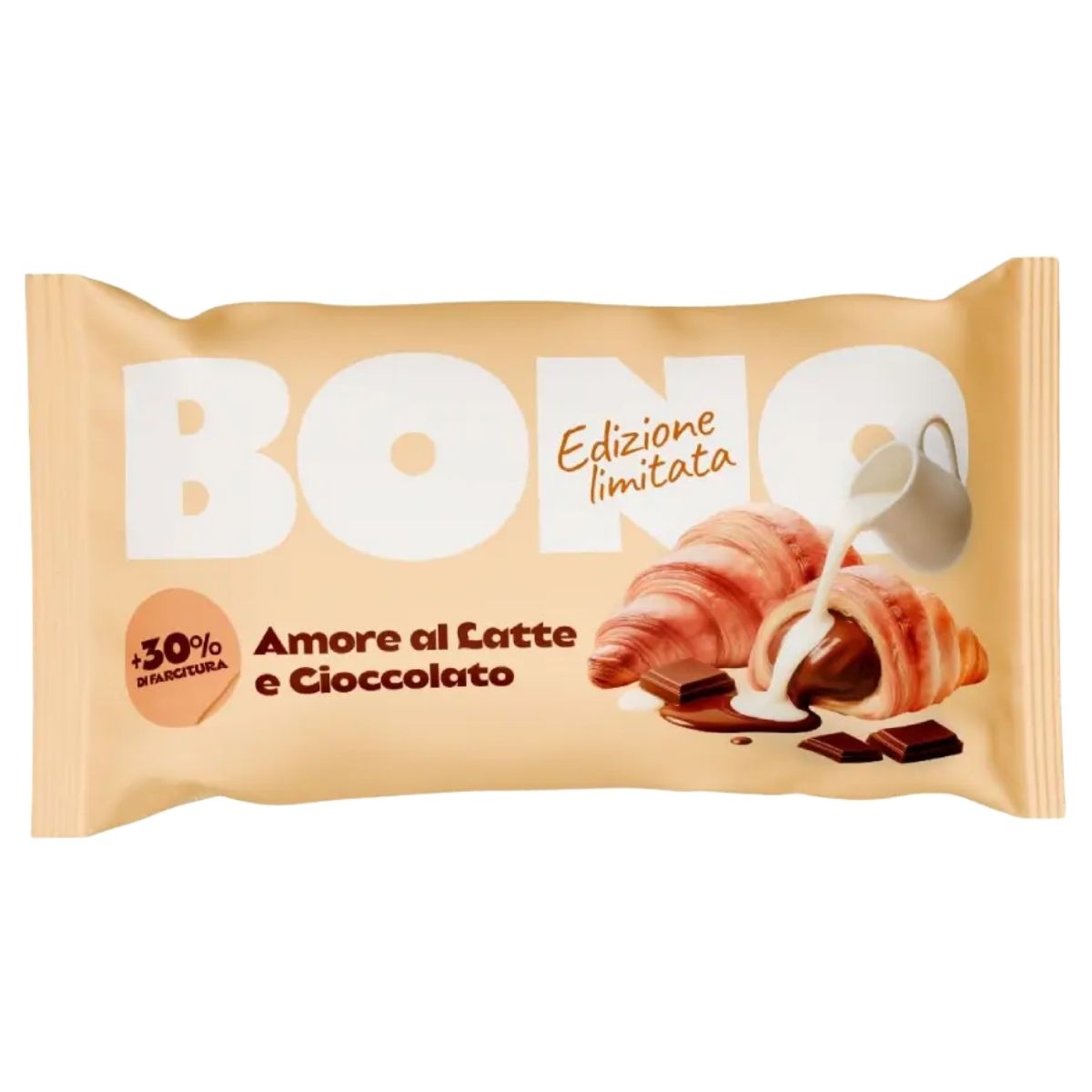 An 80g Bono Croissant With Milk Chocolate Filling, featuring a croissant, wheat flour, chocolate pieces, and milk on a beige background.