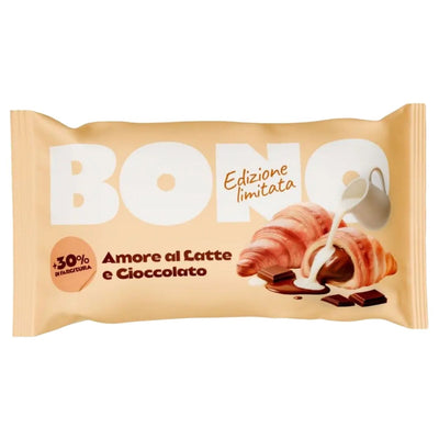 An 80g Bono Croissant With Milk Chocolate Filling, featuring a croissant, wheat flour, chocolate pieces, and milk on a beige background.