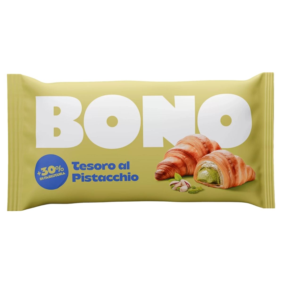 A yellow package of Bono - Croissant With Pistachio Cream Filling (80g) features croissants and pistachios, "+30% di farcitura," "Tesoro al Pistacchio," and offers individually wrapped, ready-to-eat portions for convenience.