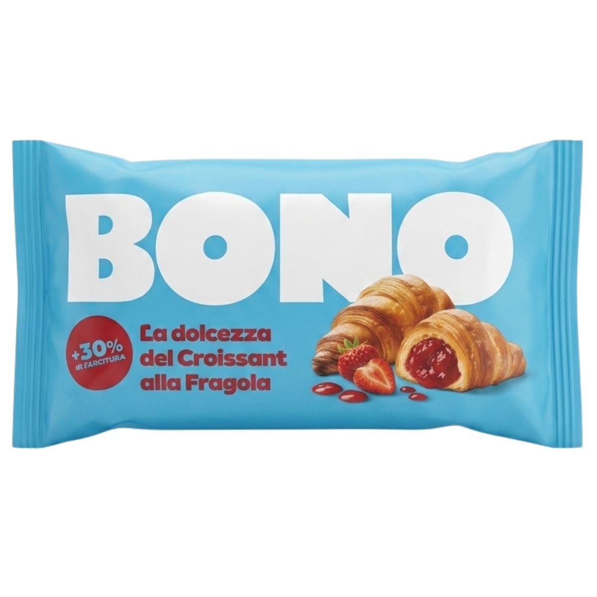 A blue package labeled "Bono - Croissant With Strawberry Jam Filling - 80g" features images of croissants filled with strawberry jam and whole strawberries, with Italian text describing the product.