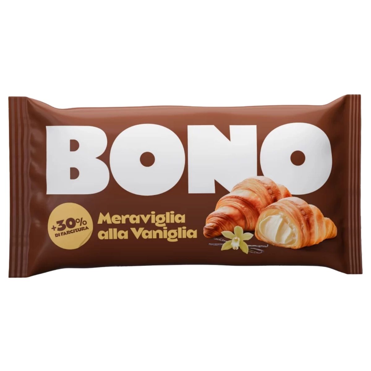 A brown package of Bono - Croissant With Vanilla Cream Filling (80g) shows two croissants, vanilla cream, Italian text, a "+30% di farcitura" badge, and indicates it's a ready-to-eat snack.