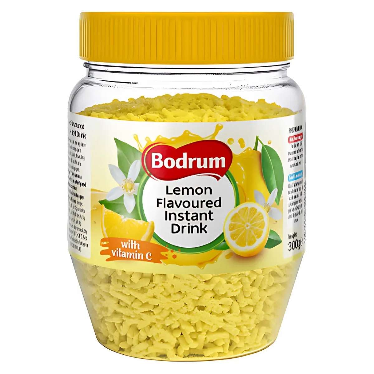 The 300g Bodrum Lemon Flavored Instant Drink features a delightful lemon and flower design and bold text emphasizing its vitamin C content, making it both nutritious and delicious.