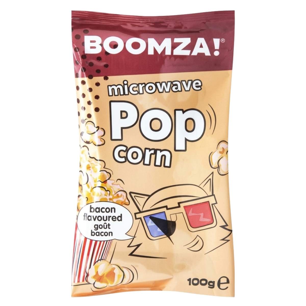 Boomza microwave popcorn packet with cartoon cat design on a white background