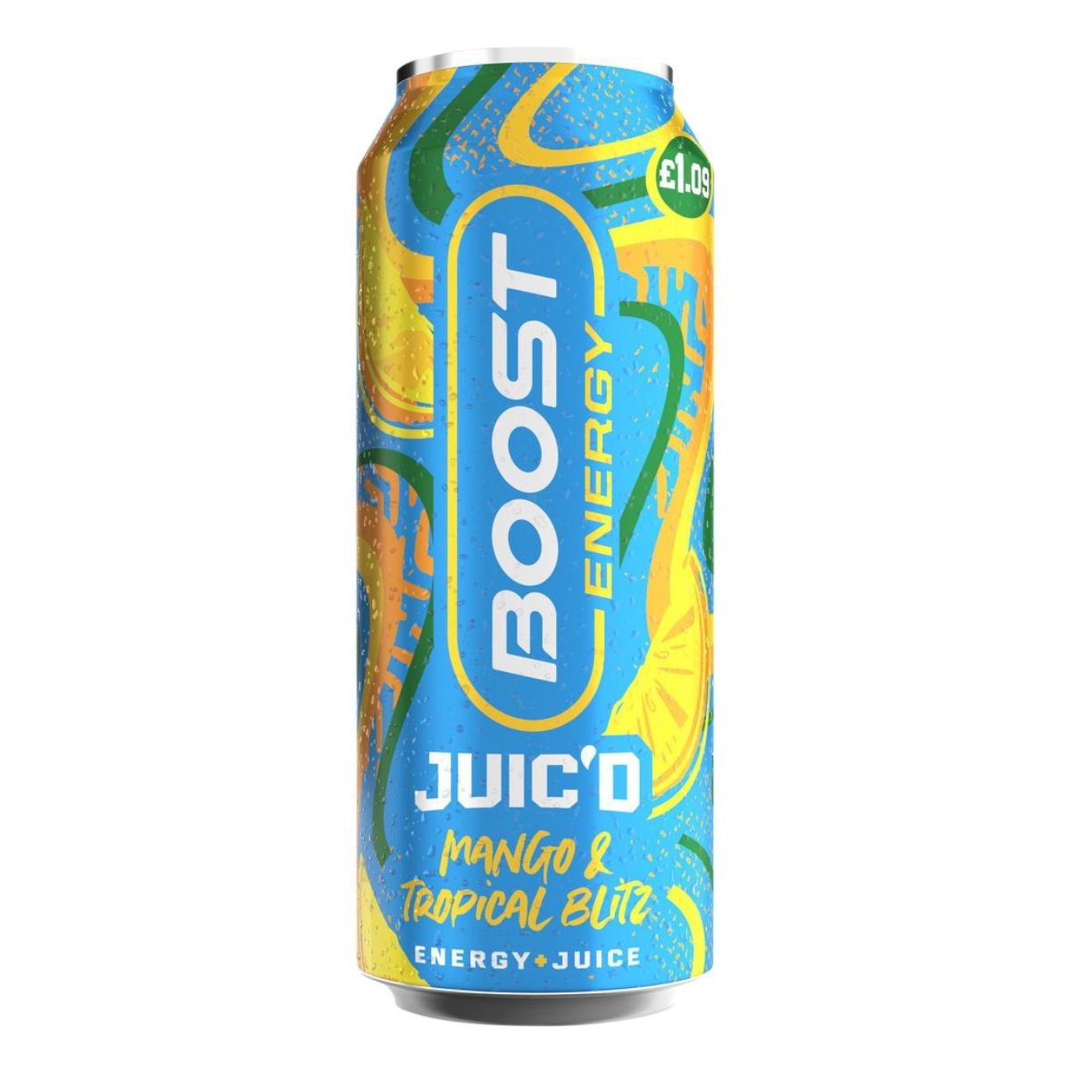 A can of Boost - Energy Juice Mango & Tropical Blitz - 500ml on a white background.