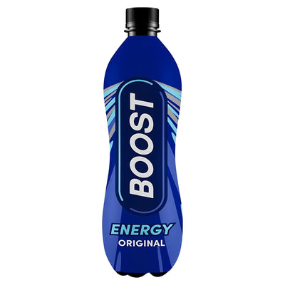A 500ml blue plastic bottle labeled "Boost - Energy Original" with a black cap, this energy drink offers a mixed fruit flavour and is shown on a white background.