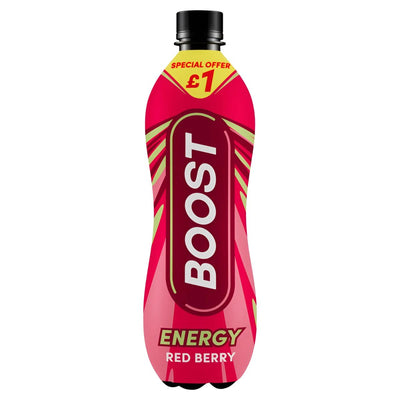 A 500ml Boost Energy Red Berry bottle with vibrant yellow accents and a £1 special offer bursts with bold berry flavor in every energizing sip.