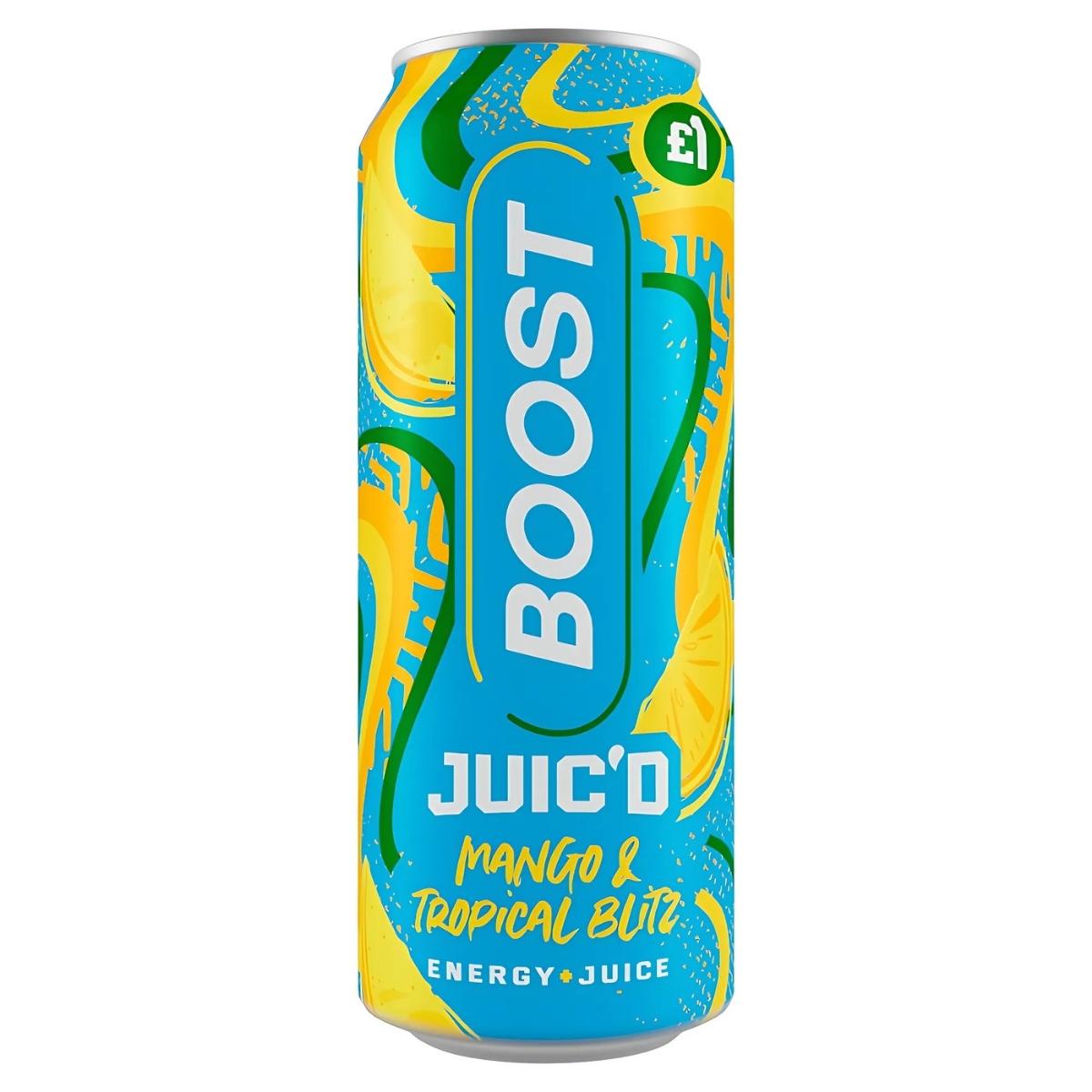 A 500ml can of Boost Juic'd Mango And Tropical Blitz Energy Drink costs £1 and features a blue and yellow design with vibrant tropical fruit graphics.