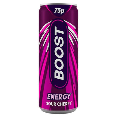 A 250ml can of Boost - Sour Cherry Energy drink in purple and pink, labeled with a 75p price at the top.