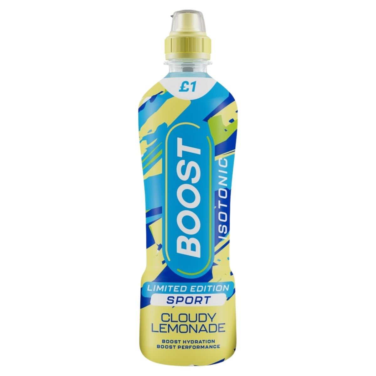 A 500ml bottle of Boost Sport Isotonic Cloudy Lemonade, a hydrating sports drink from Boost, with a blue and yellow label, "Limited Edition" tag, and £1 price mark.