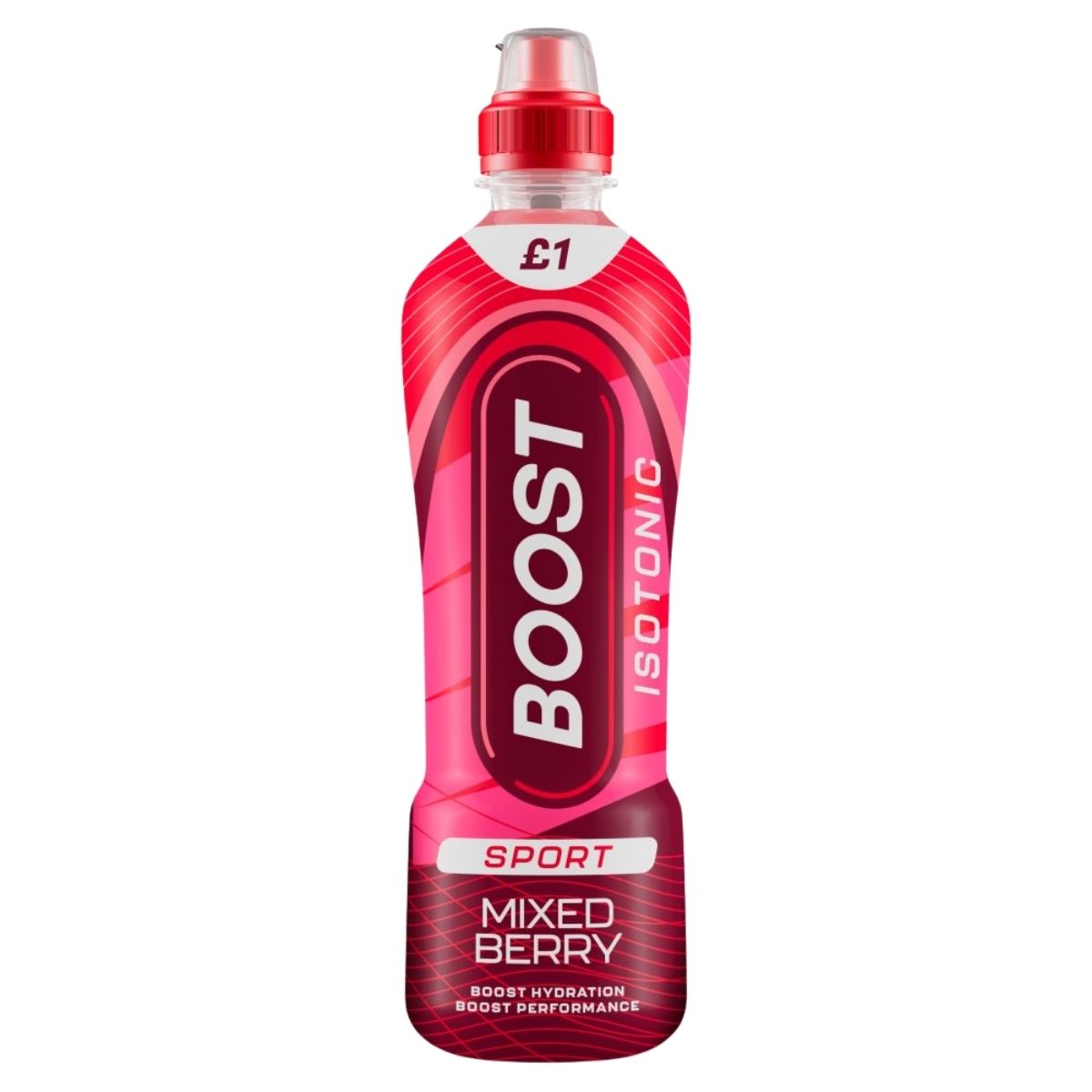 Red Boost isotonic sports drink bottle on a white background