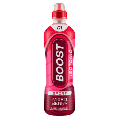 Red Boost isotonic sports drink bottle on a white background