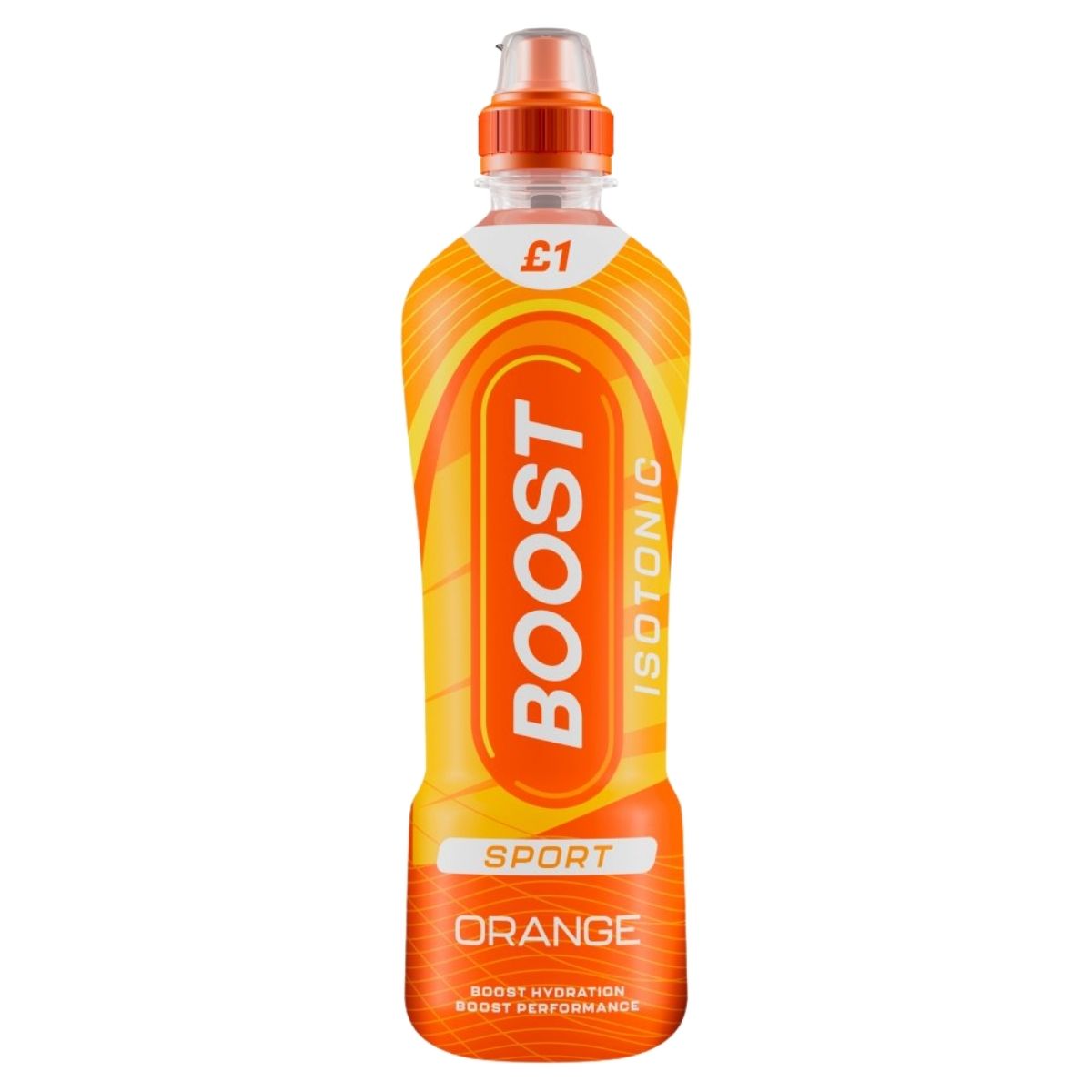 Boost Sport Isotonic Orange Drink 500ml from Boost, perfect for hydration, comes with an orange label and a £1 price mark on the cap.