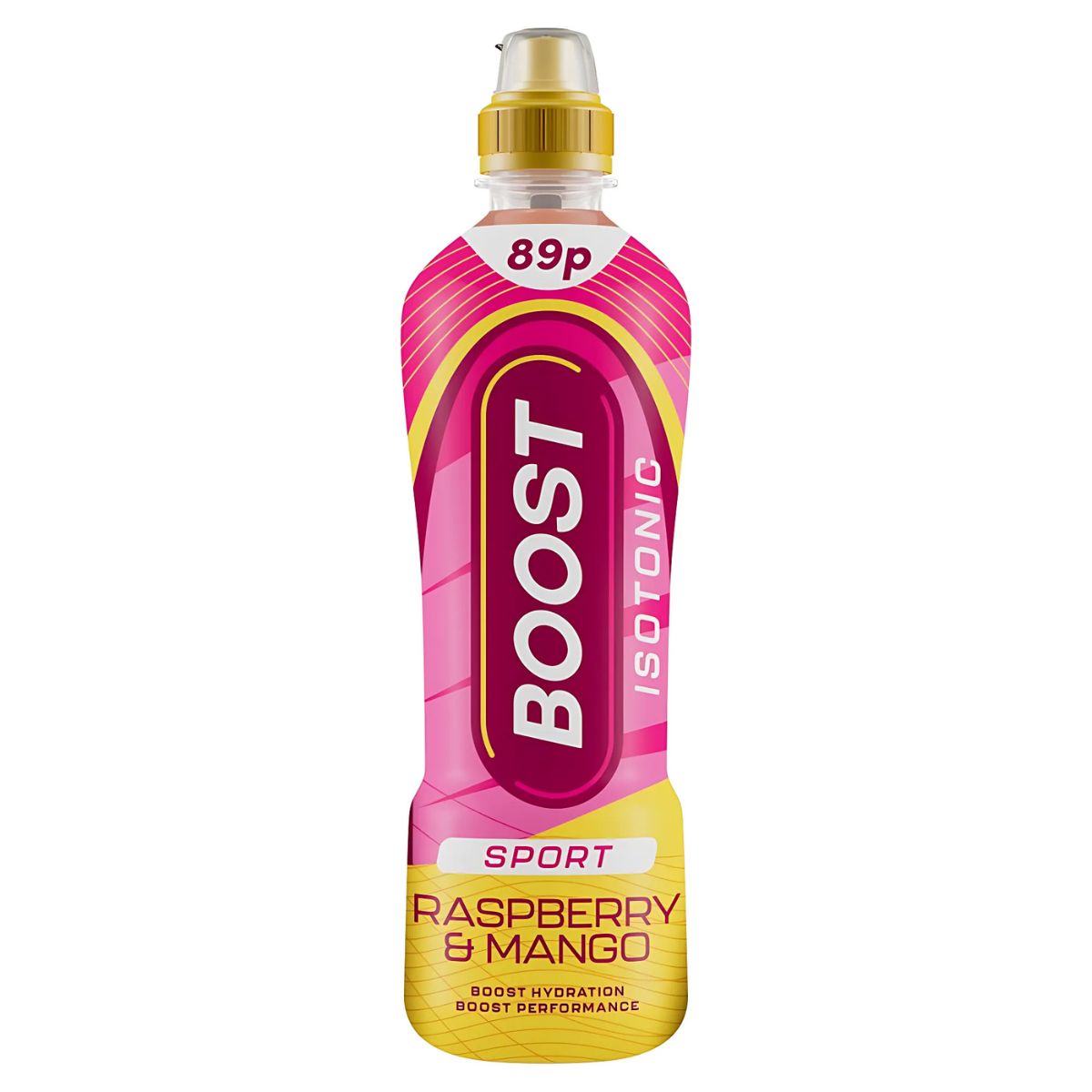 A 500ml Boost Sport Isotonic Raspberry & Mango drink in a pink and yellow bottle with a sports cap, packed with electrolytes and labeled at 89p.