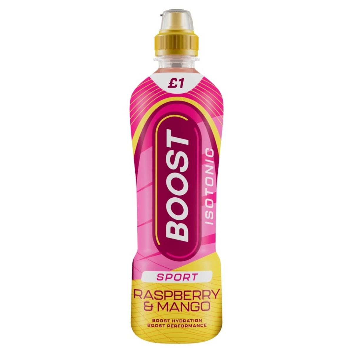 Boost Sport Isotonic Raspberry & Mango Drink 500ml by Boost, with a pink and yellow “£1” label, provides electrolyte hydration and fruity flavour for active lifestyles.