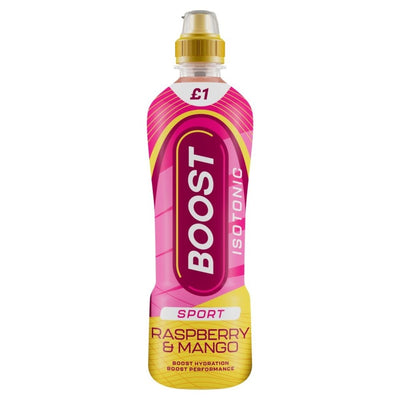 Boost Sport Isotonic Raspberry & Mango Drink 500ml by Boost, with a pink and yellow “£1” label, provides electrolyte hydration and fruity flavour for active lifestyles.