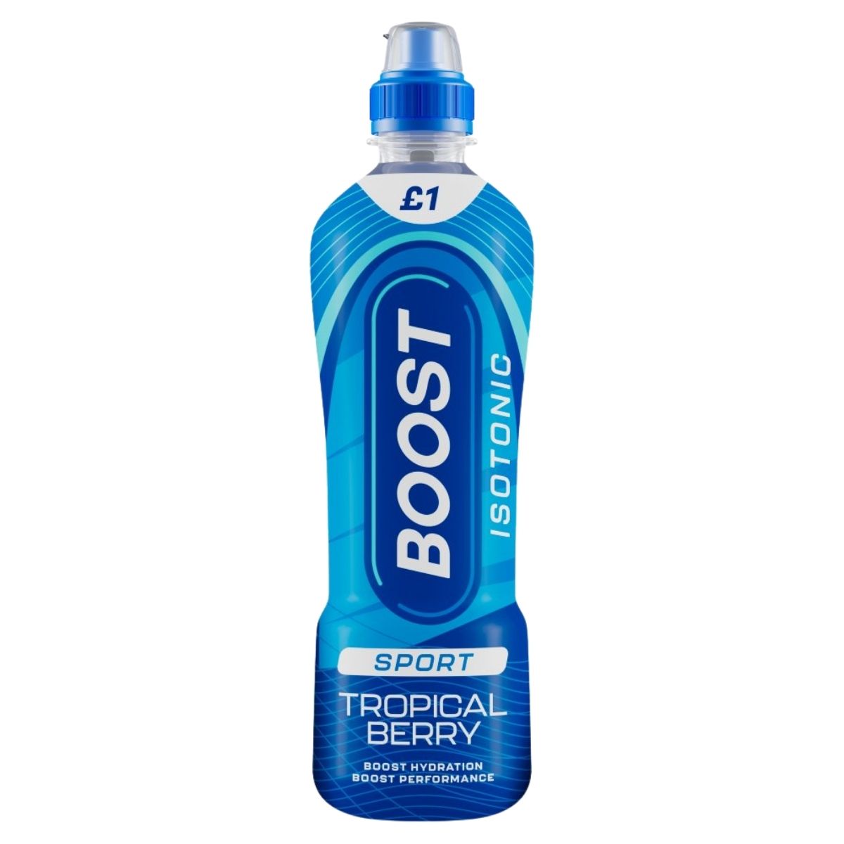 The Boost Sport Isotonic Tropical Berry Drink (500ml) features a blue bottle, blue cap, and £1 price at the top—ideal for hydration during intense workouts.