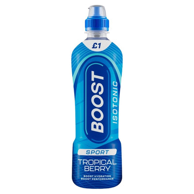 The Boost Sport Isotonic Tropical Berry Drink (500ml) features a blue bottle, blue cap, and £1 price at the top—ideal for hydration during intense workouts.