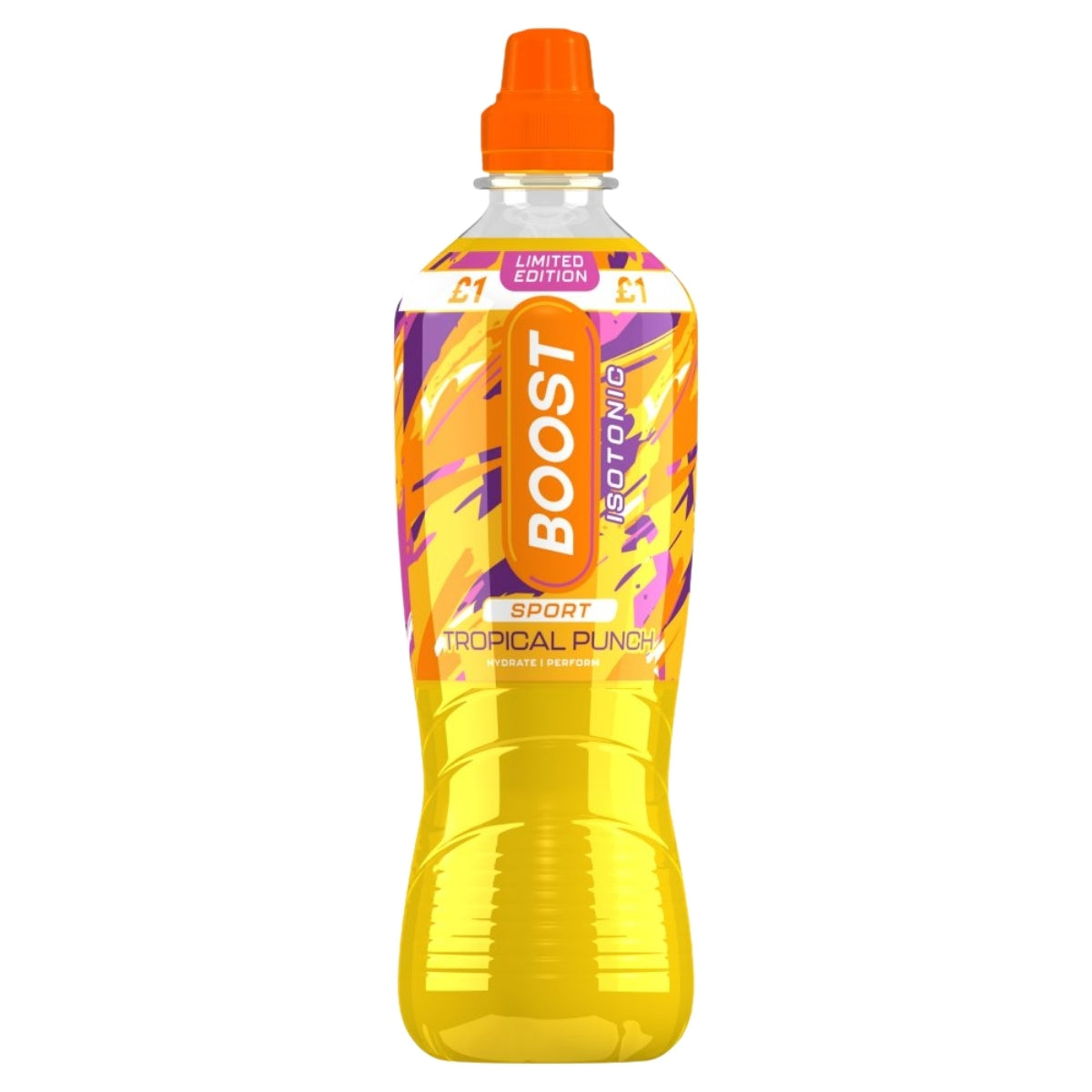 A 500ml bottle of Boost - Sport Isotonic Tropical Punch Drink by Boost, featuring a yellow, orange, and purple “Limited Edition” label and an orange cap, is available for £1. This refreshing drink contains glucose syrup and added vitamins to help replenish your energy during intense activities.