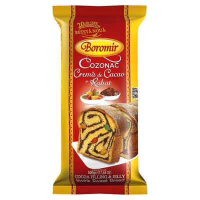 Boromir - Cocoa & Jelly 500g, a Romanian sweet bread with cocoa filling and Turkish delight, features an image of the sliced product on the front.