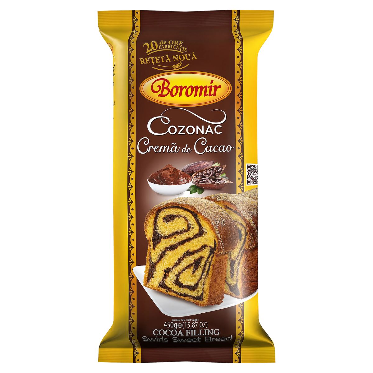 Boromir - Cozonac Cocoa - 450g comes in yellow packaging, featuring images of sliced swirl sweet bread and a bowl of cocoa filling.