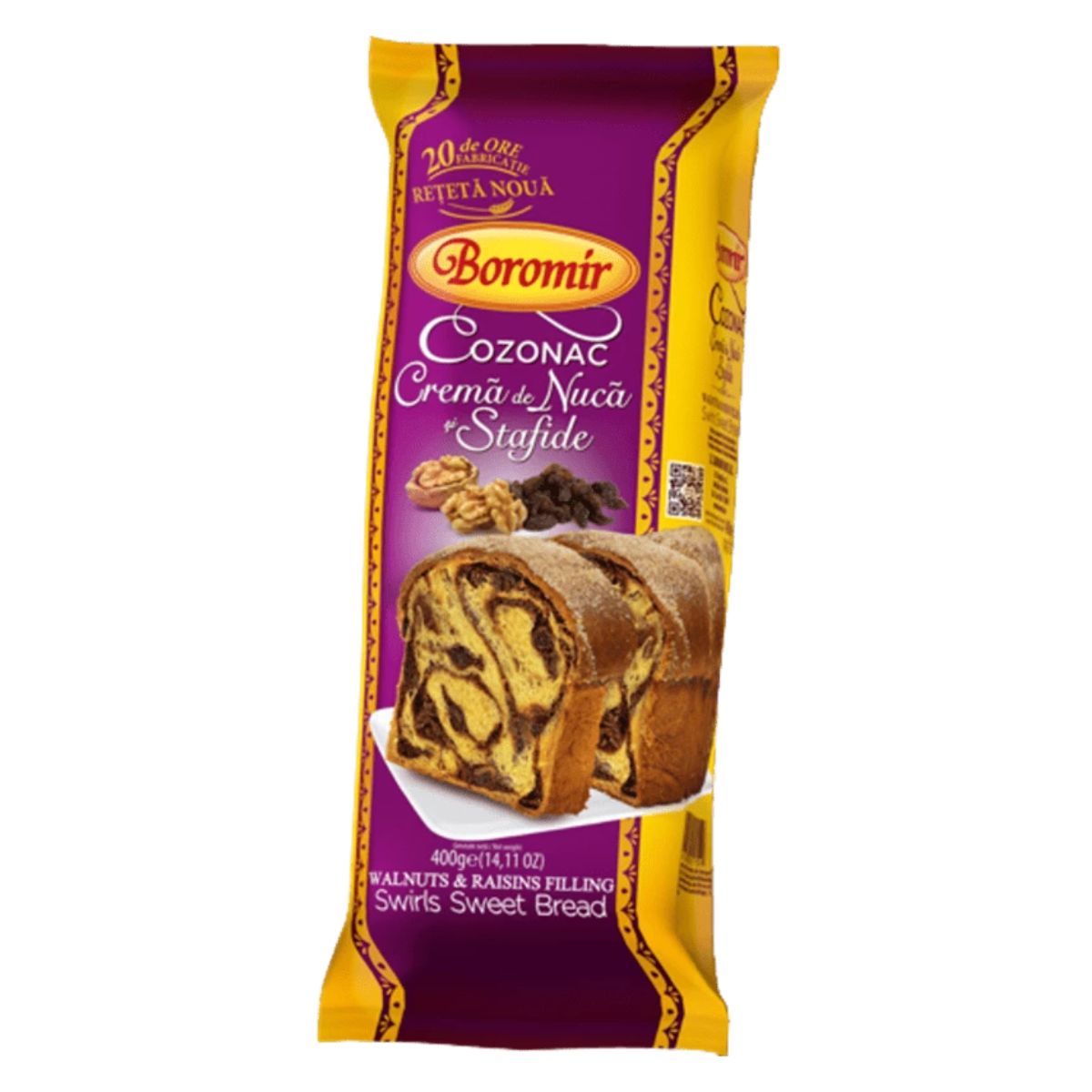 Package of Boromir - Cozonac with Walnuts and Raisins - 450g, a 450g loaf with walnuts and raisins filling. The packaging is predominantly purple and showcases an enticing image of the sliced bread on the front.