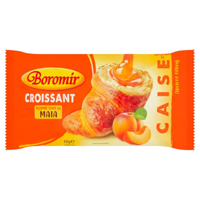 The Boromir - Croissant With Apricot Filling - 60g packaging features a croissant with apricot filling, an apricot fruit image, and Romanian branding from Boromir.