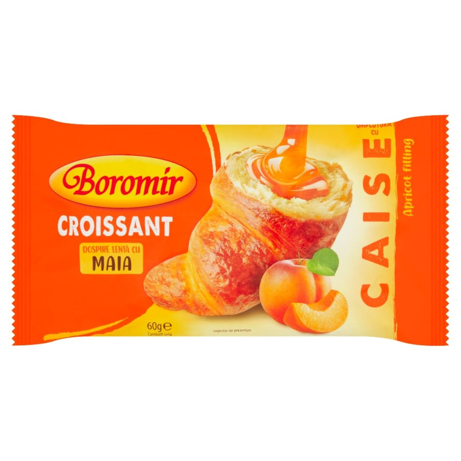 The Boromir - Croissant With Apricot Filling - 60g packaging features a croissant with apricot filling, an apricot fruit image, and Romanian branding from Boromir.