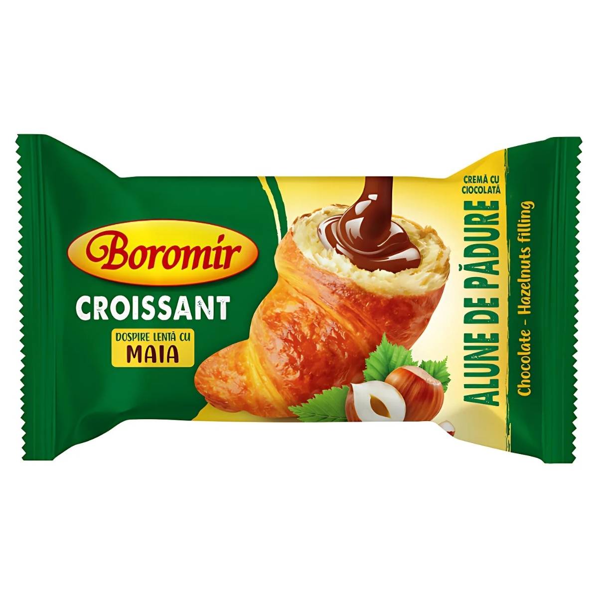 The 60g Boromir Croissant with Chocolate Hazelnut Filling is packaged in a vibrant green and yellow wrapper, showcasing an enticing croissant and rich chocolate sauce image.