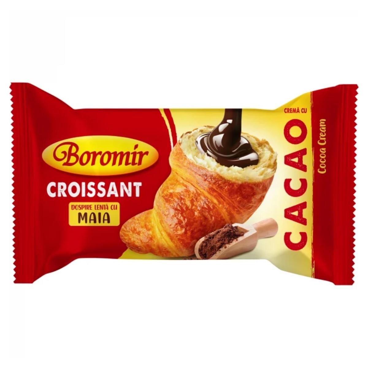 Boromir's 60g croissant, filled with luscious cocoa cream and showcased with a wooden scoop of rich cocoa on a vibrant red and yellow wrapper, offers indulgence in every flaky, twisted bite.