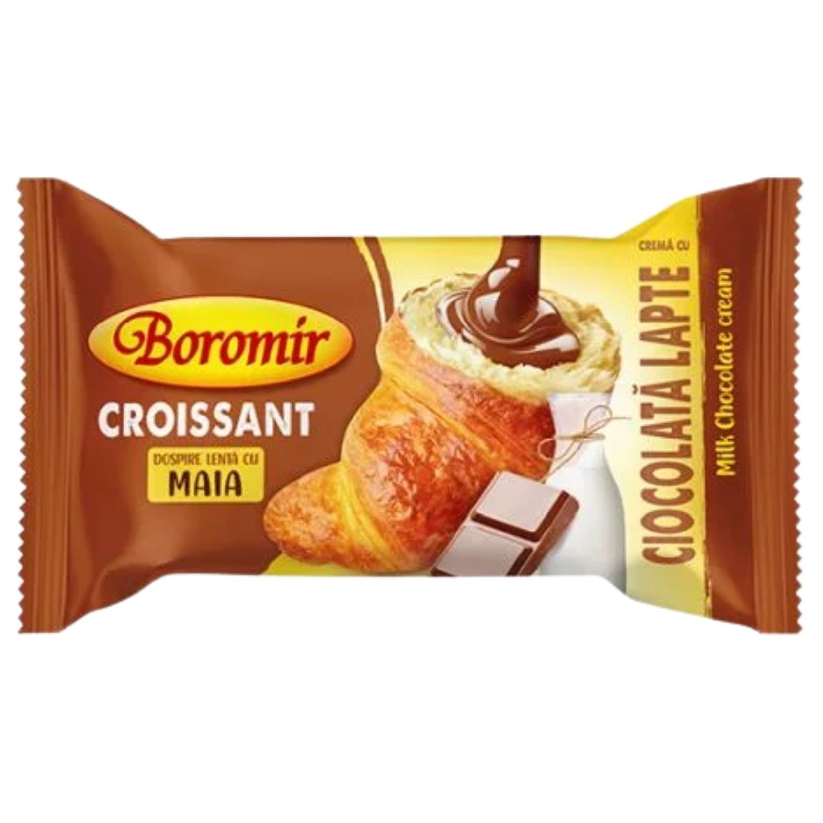 Boromir - Croissant With Milk Chocolate Cream Filling (60g) in packaging shows a croissant with cream, chocolate pieces, and pouring chocolate. Label includes details in Romanian and English.