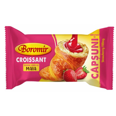 Boromir - Croissant With Strawberry Filling - 60g comes in a vibrant pink package, highlighting bakery freshness with images of a croissant, strawberries, and strawberry sauce.