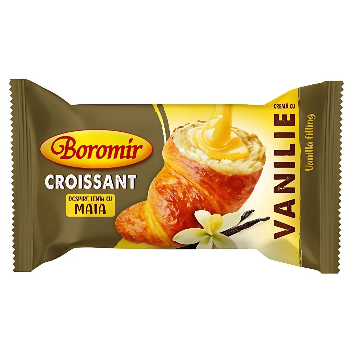 Indulge your sweet cravings with a 60g Boromir Croissant filled with rich vanilla cream, showcased in an elegant wrapper adorned with vanilla pods and a delicate flower.