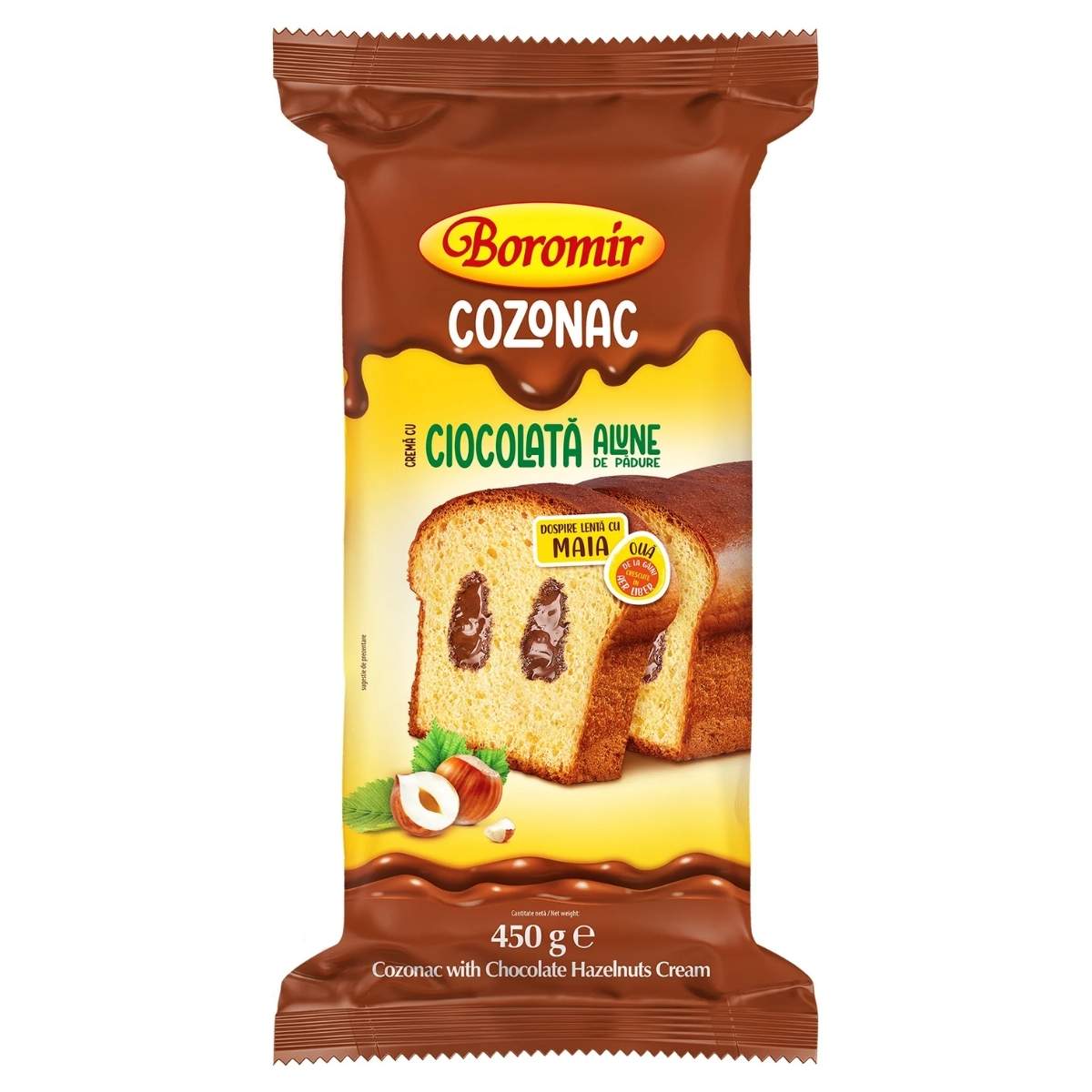 Boromór Cozonac packaging with chocolate hazelnut cream on a white background
